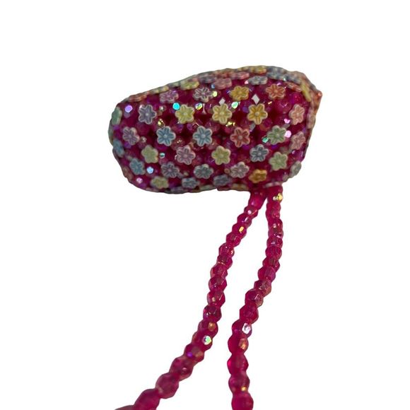 Vintage Tiny Pink Beaded Colorful Floral Purse With Long Strap Girls & Women - Picture 4 of 9